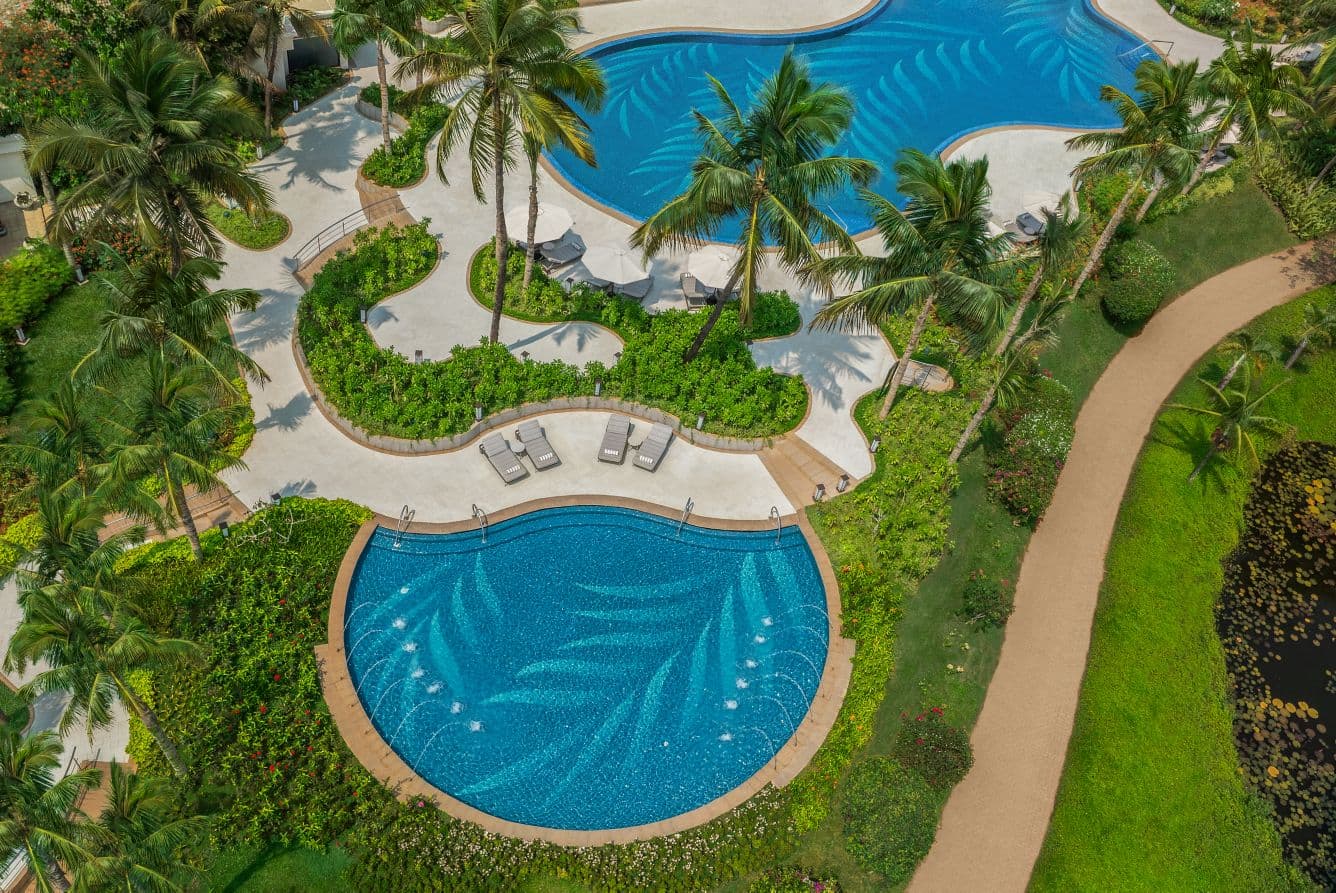 Detail of the finished pool edge and tile work at the St. Regis Goa